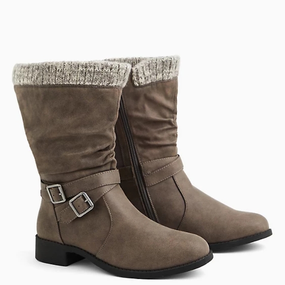 Grey Faux Leather Sweater-Trimmed Slouchy Moto Boot (WW) - Picture 2 of 2